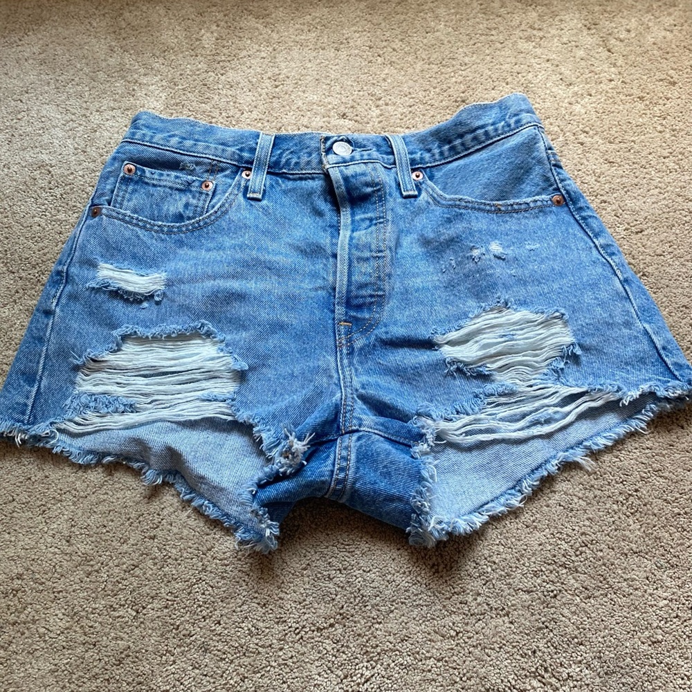 Levi's Light Blue Distressed Jean Shorts with Frayed Hem